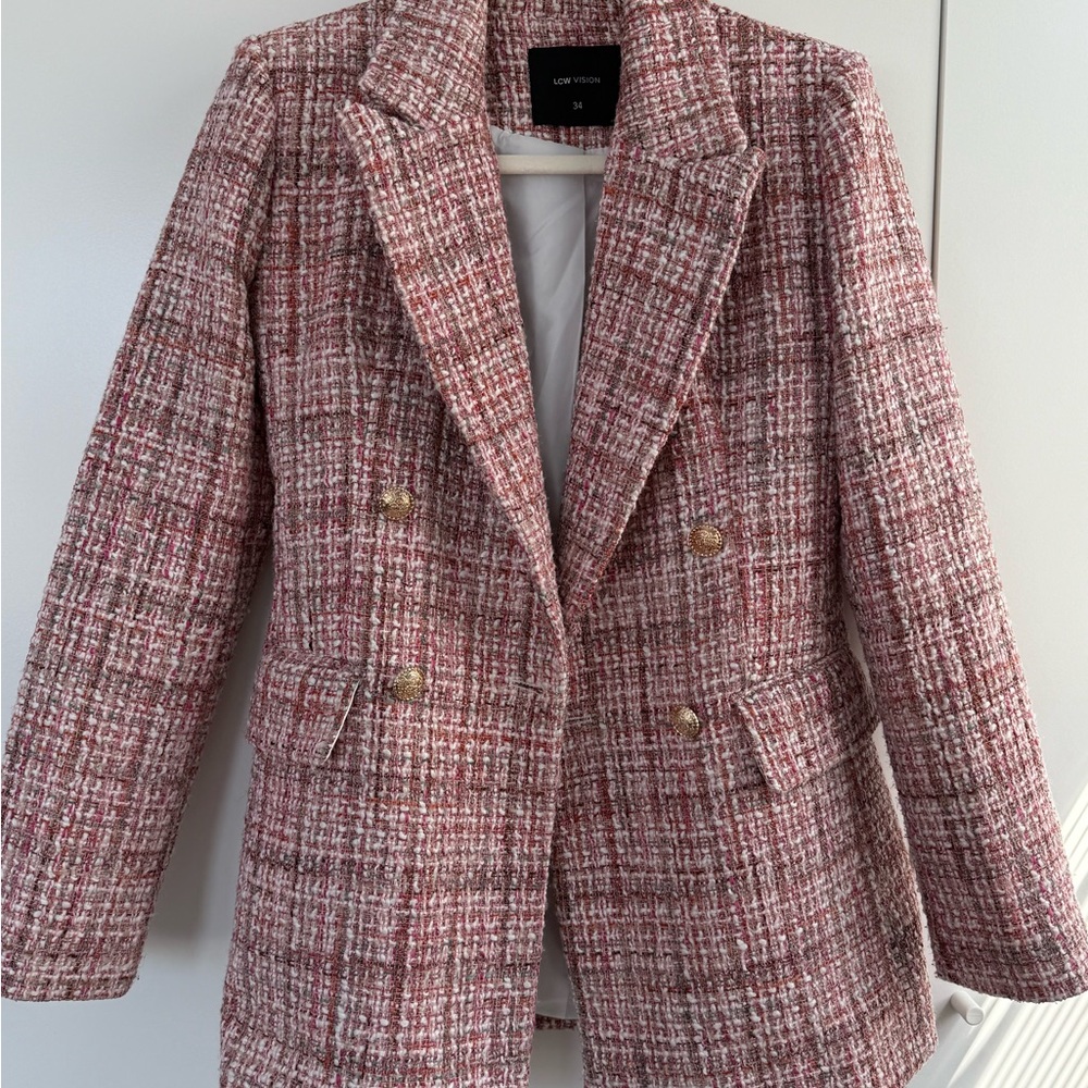Pink Tweed Double-Breasted Blazer